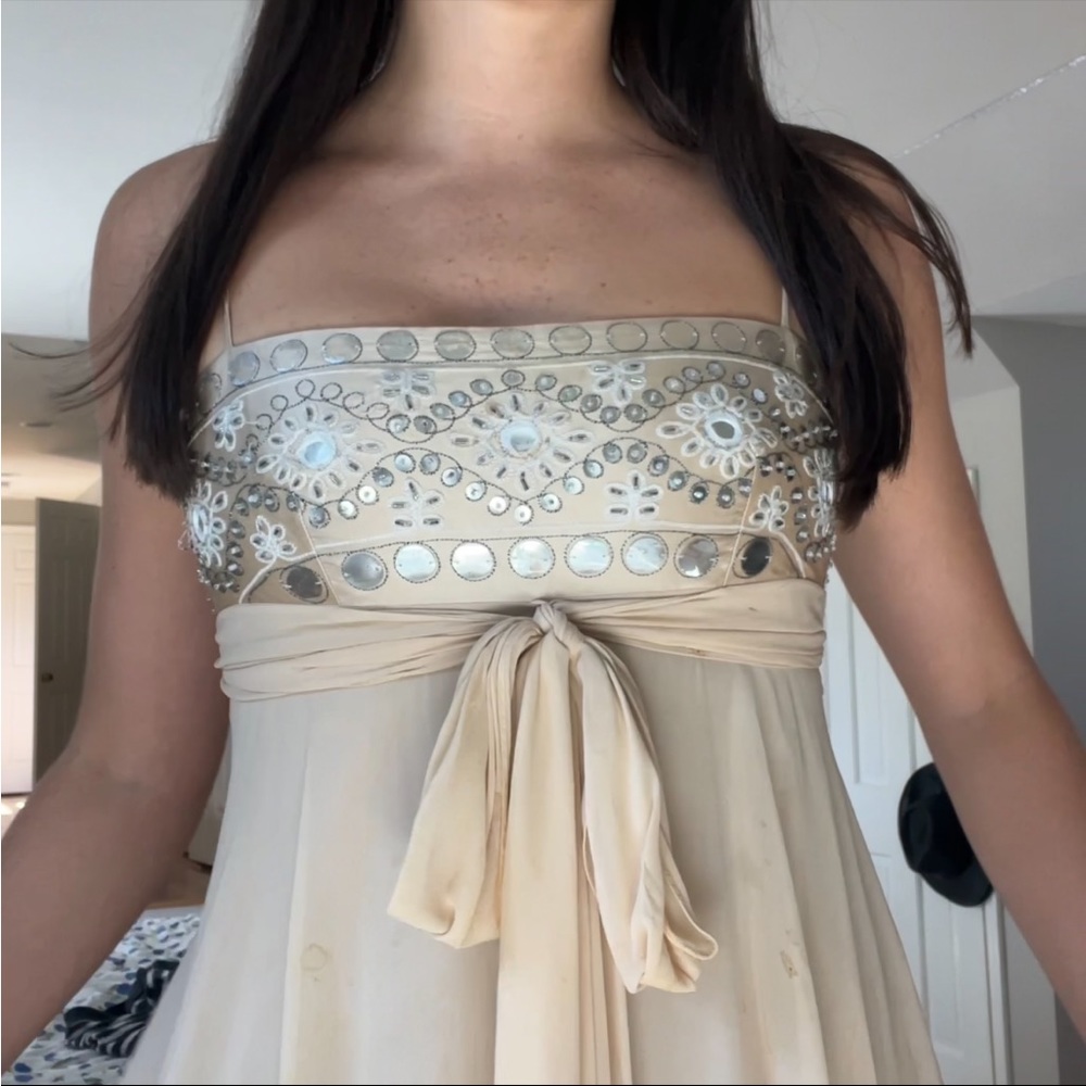 Vintage BCBG Tan jeweled square neck babydoll style dress flowy y2k prom dress